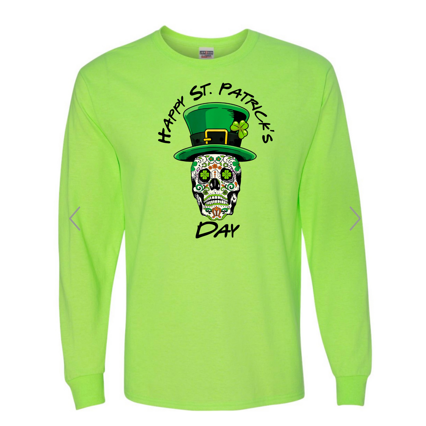 St. Patrick’s Sugar Skull Neon Green Long Sleeve Shirt