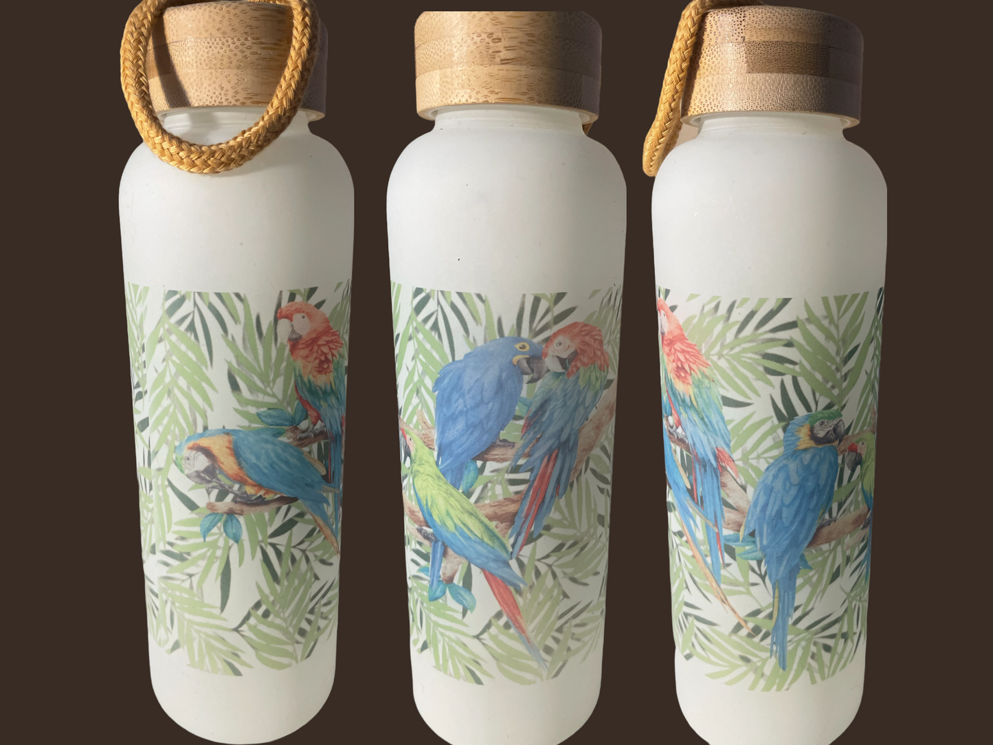 Tropical Macaws 25oz Frosted Glass Bottle