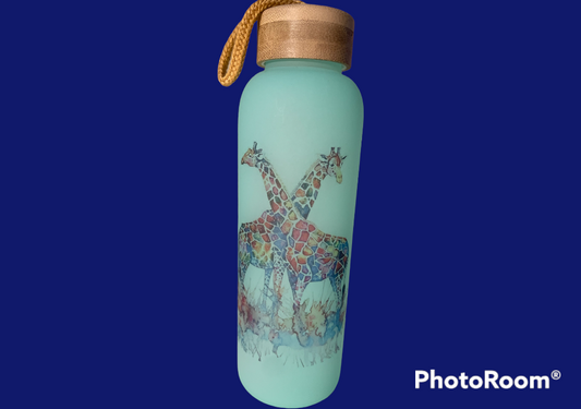 Colorful Giraffes Print on Teal 25oz Frosted Glass Bottle